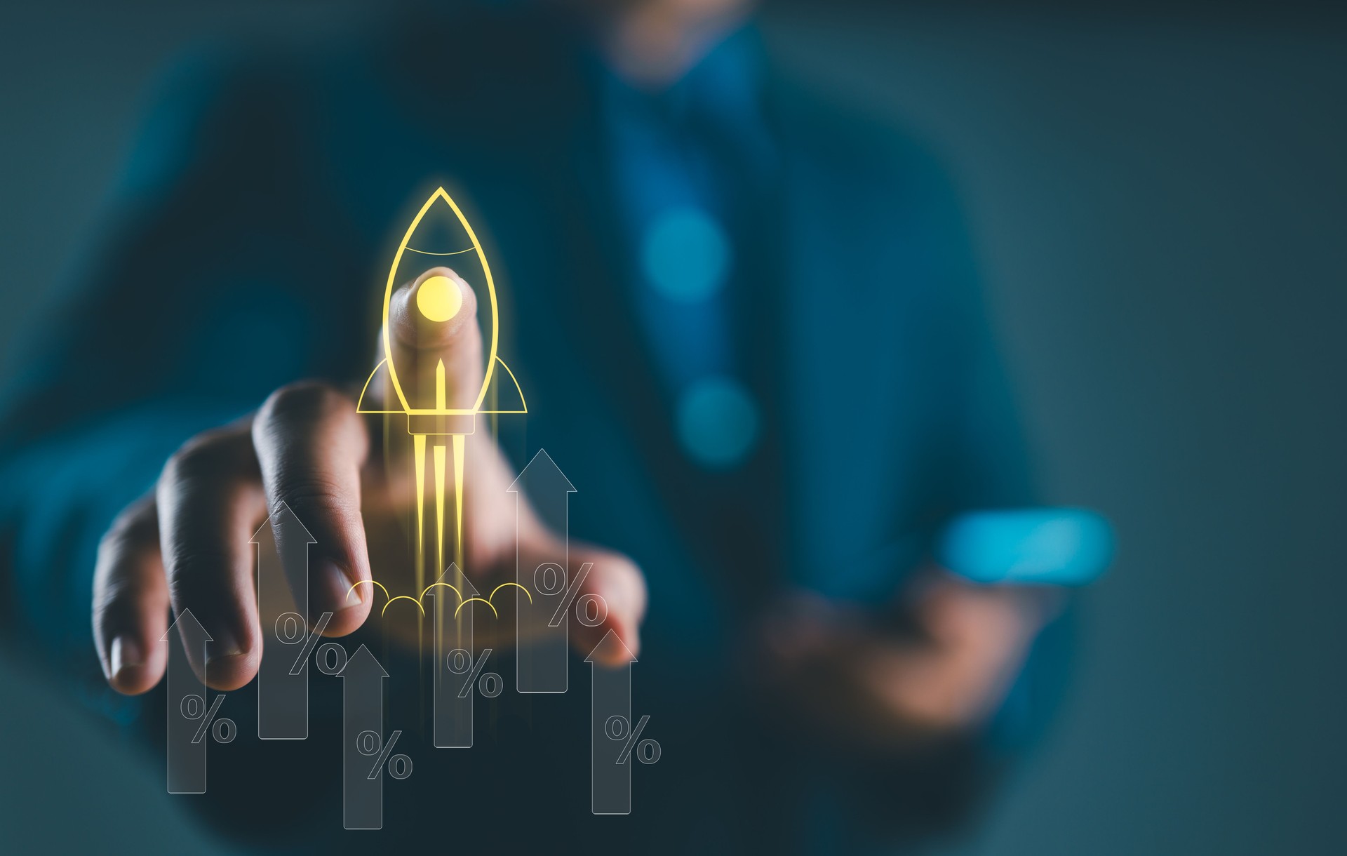 Businessman touch on icons about business and investment, Rocket launch with arrow up percentage, Wealth fast, Graph depicting rising earning, increasing profits exemplifies financial success. Businessman touch on icons about business and investment, Rocket launch with arrow up percentage, Wealth fast, Graph depicting rising earning, increasing profits exemplifies financial success.